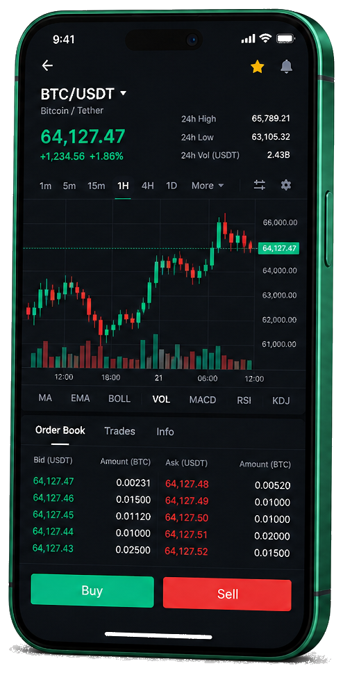 Application mobile Souveronyx — graphique BTC/USDT en direct, carnet d’ordres et outils de trading